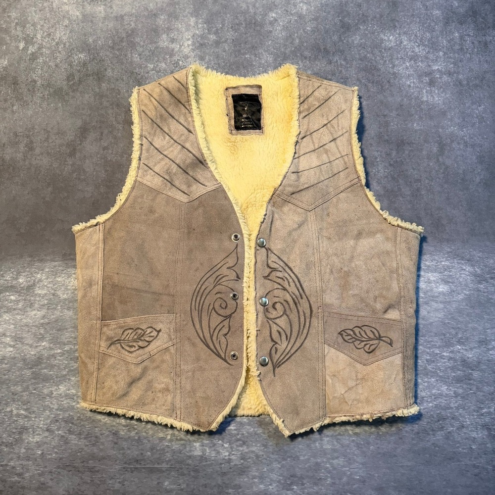 Vintage Western Suede Leather Sherpa Lined Vest Mens Tan Embroidered Boho Size L